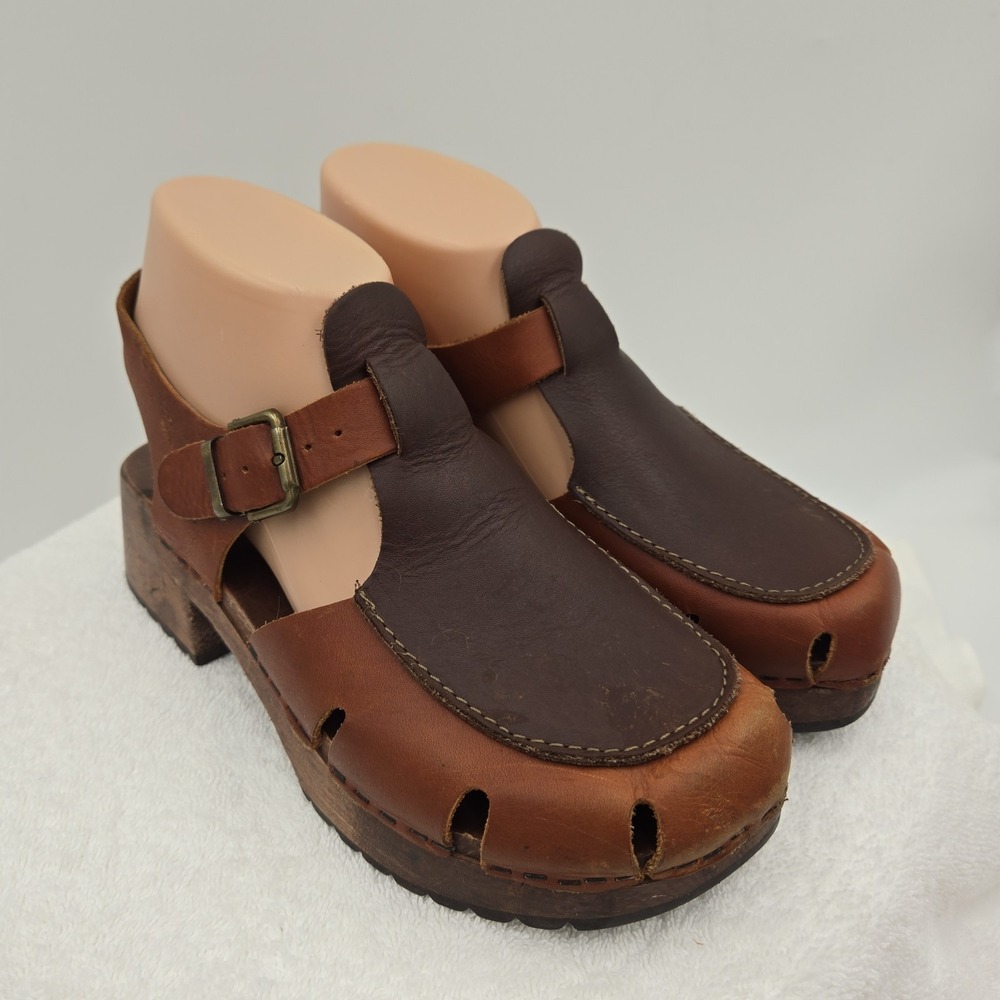 Vtg Y2K Wooden Clogs Sandals Platform Leather Chunky Size 6.5 (37) Boho T Strap